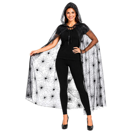 140cm Adult Halloween Spider Web Lace Hooded Cape - Black See Through (Fancy Dress Party)