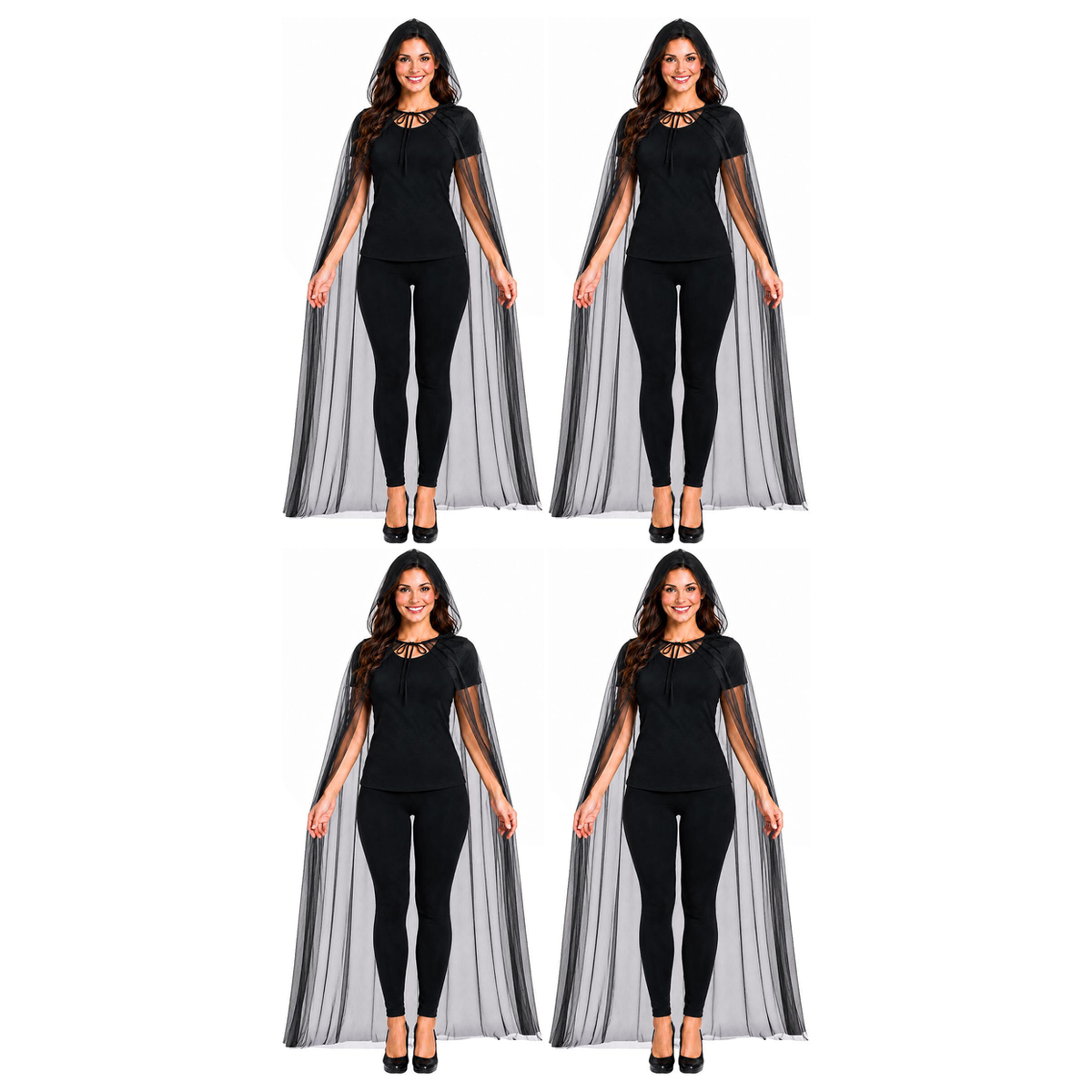 4x 140cm Adult Halloween Sheer Mesh Hooded Cape Bulk Pack - Black See Through (Fancy Dress Party)
