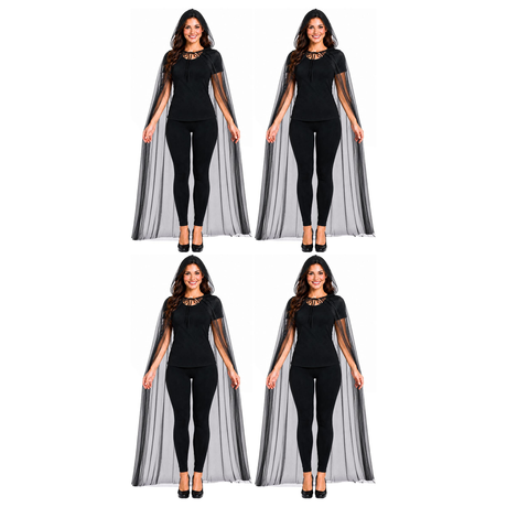 4x 140cm Adult Halloween Sheer Mesh Hooded Cape Group Costume Bulk Pack - Black See Through