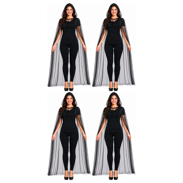 4x 140cm Adult Halloween Sheer Mesh Hooded Cape Bulk Pack - Black See Through (Fancy Dress Party)