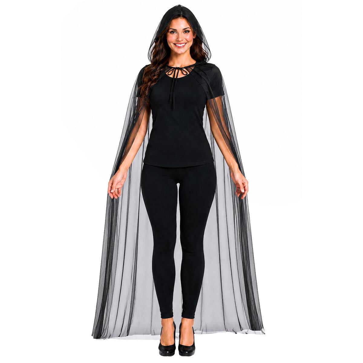 140cm Adult Halloween Sheer Mesh Hooded Cape - Black See Through (Fancy Dress Party)