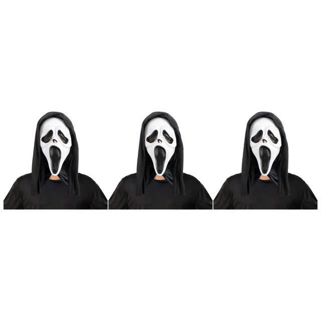 3x Ghost Face Scream Mask w/ Hood Pack - Scary Movie Halloween Horror Party Costume
