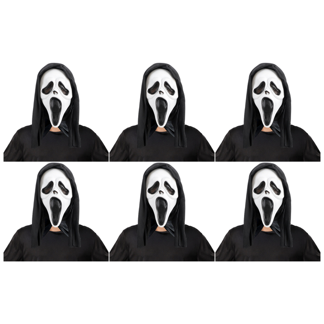 6x Ghost Face Scream Mask w/ Hood Bulk Pack - Scary Movie Halloween Horror Party Costume