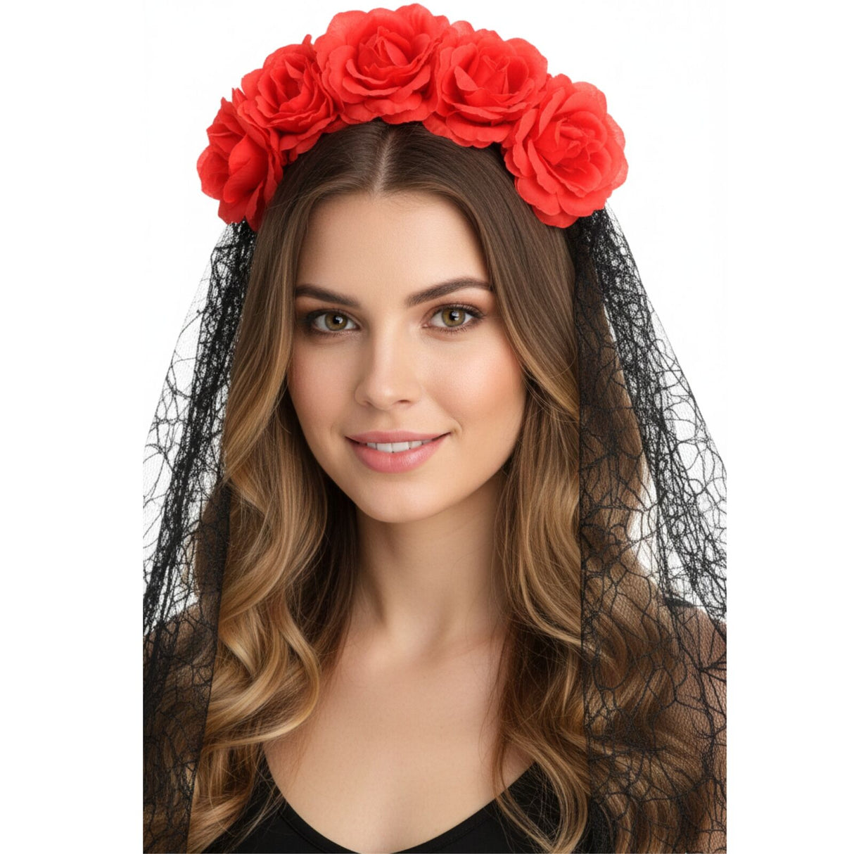 Halloween Day of the Dead Headband w/ Roses & Lace Veil Halloween Party Dress Up