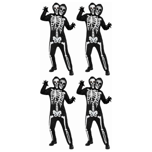 4x Adult Black/White Double Headed Skeleton Group Costume Bulk Pack - Scary Halloween Fancy Dress & Party Outfit
