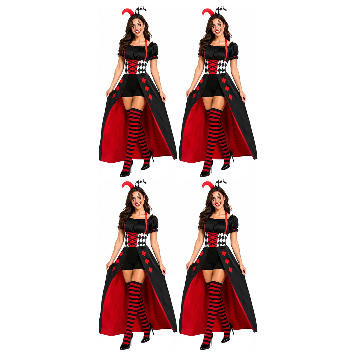 4x Womens Queen Jester Group Costume Bulk Pack - Black/Red (Harlequin Circus Halloween & Party Outfit)