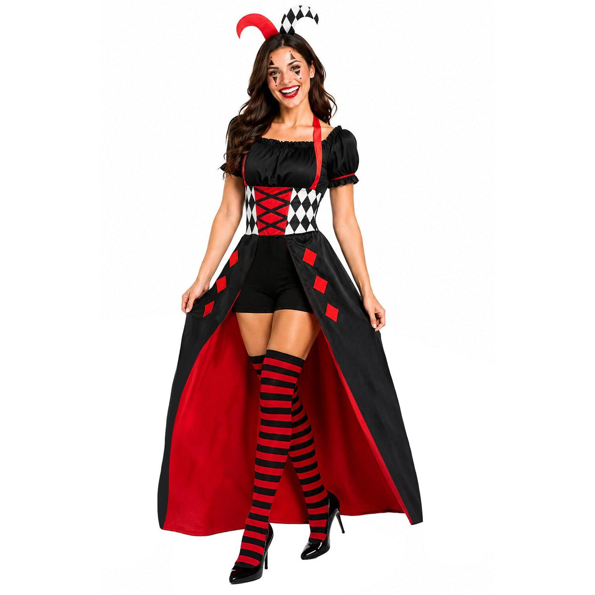 Womens Queen Jester Party Costume Halloween Book Week Circus Harlequin