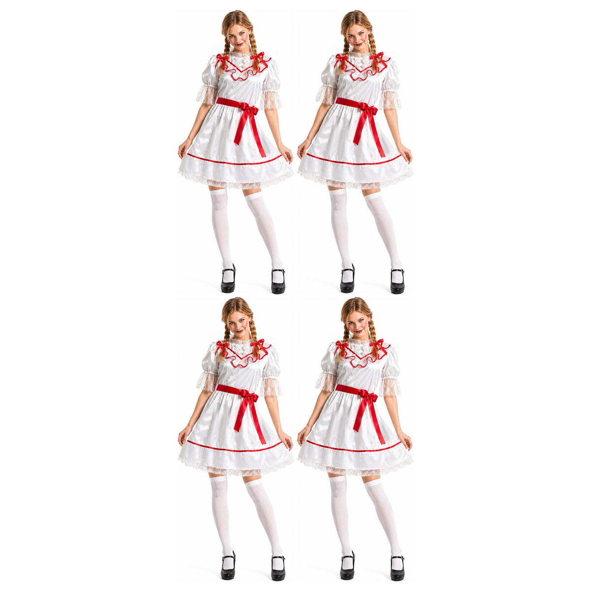 4x Womens Creepy Cursed Doll Group Costume Bulk Pack - Scary Horror Movie Halloween Party Outfit