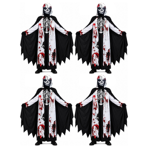 4x Kids Skeleton Grim Reaper Group Costume Bulk Pack w/ Mask, Cape, Tunic & Gloves - Childrens Scary Halloween Outfit