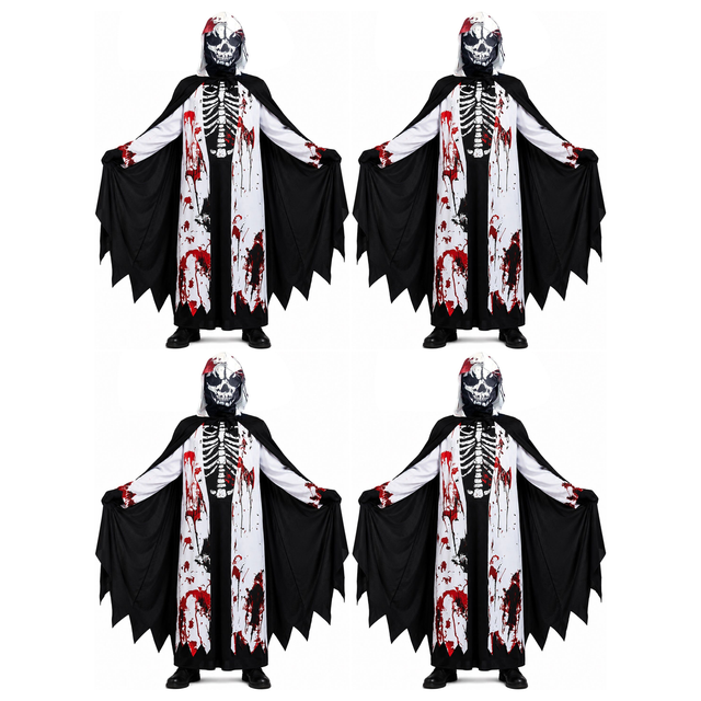 4x Kids Skeleton Grim Reaper Group Costume Bulk Pack w/ Mask, Cape, Tunic & Gloves - Childrens Scary Halloween Outfit