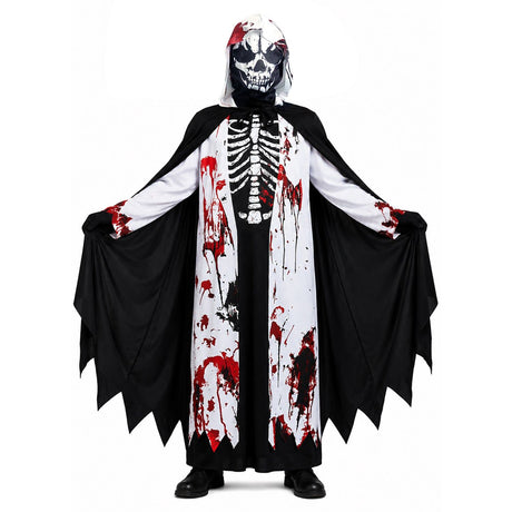 Kids Skeleton Grim Reaper Costume w/ Mask, Cape, Tunic & Gloves - Childrens Scary Halloween Outfit