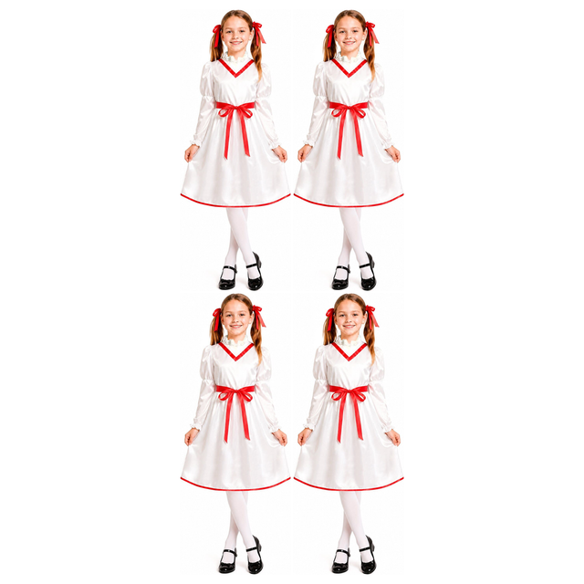 4x Girls Cursed Doll Group Costume Bulk Pack - Creepy Little Girl Horror Halloween Outfit