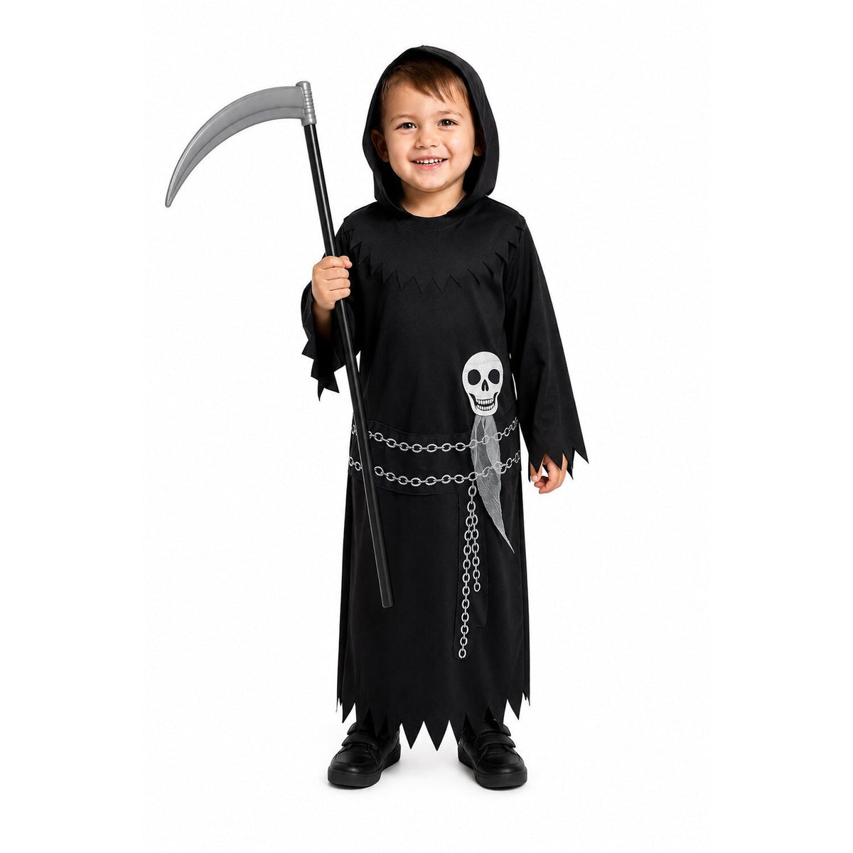 Grim Kids Childrens Reaper Party Costume Halloween Skeleton Full Scary Outfit