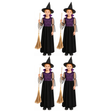 4x Girls Purple Witch Group Costume Bulk Pack w/ Dress & Hat - Kids Gothic Halloween Party & Fancy Dress Outfit