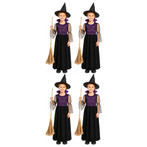4x Girls Purple Witch Group Costume Bulk Pack w/ Dress & Hat - Kids Gothic Halloween Party & Fancy Dress Outfit