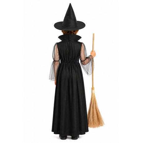 Girls Purple Witch Costume w/ Dress & Hat - Kids Gothic Halloween Party & Fancy Dress Outfit