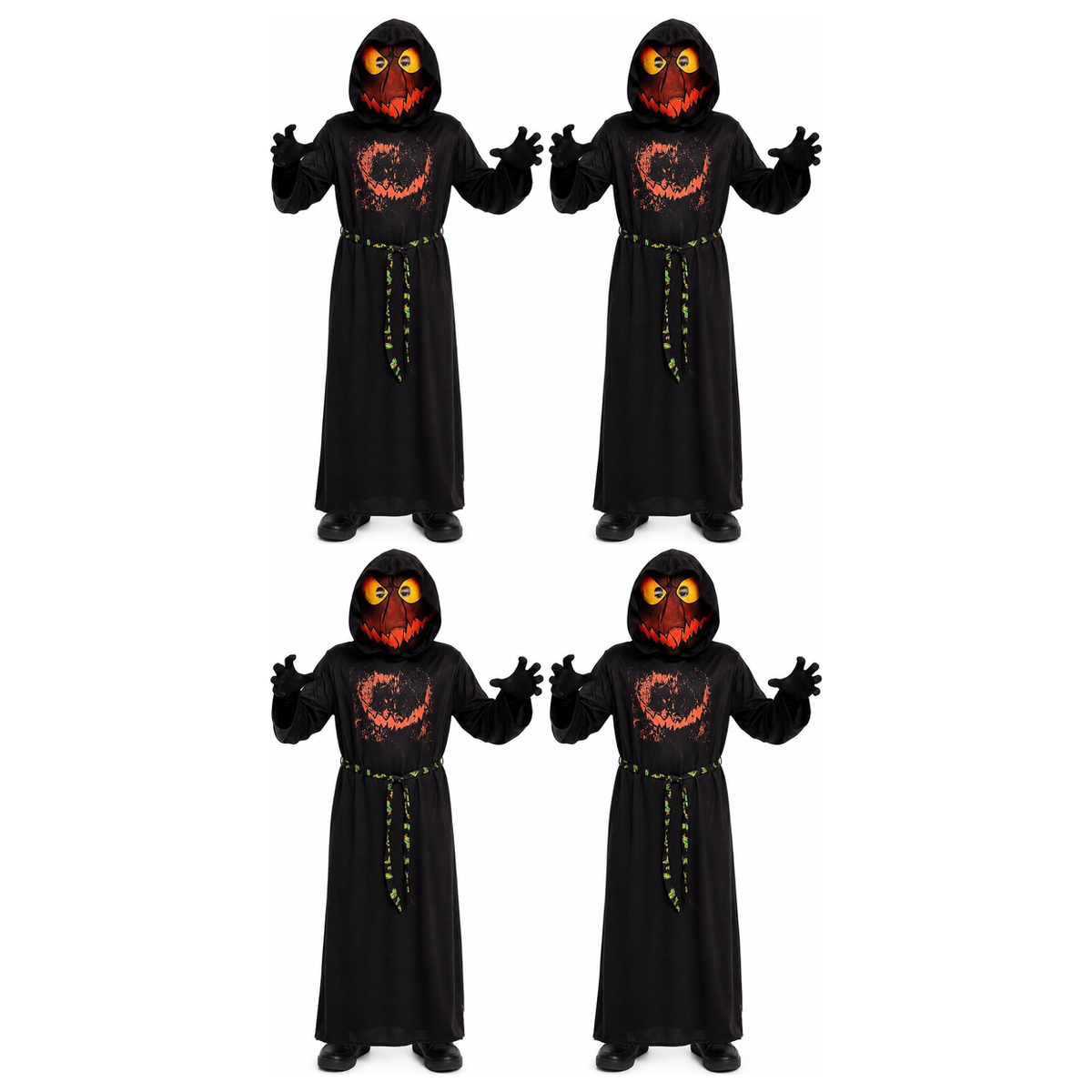 4x Kids Evil Pumpkin Monster Group Costume Bulk Pack - Scary Hooded Robe & Mask Halloween Outfit