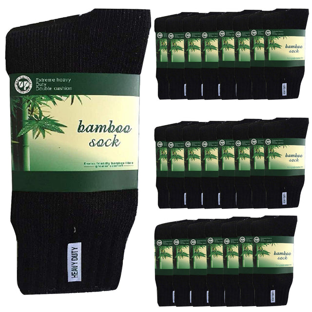 24 Pairs Bamboo Work Socks Bulk Pack - Black (Mens Heavy Duty Thick Socks w/ Cushion)