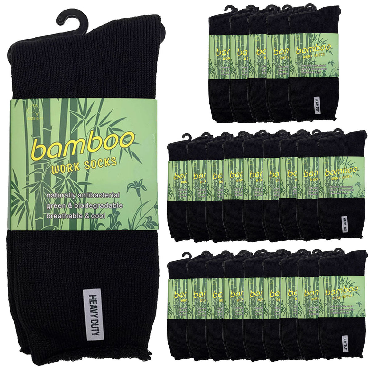 24 Pairs Premium Bamboo Works Socks Bulk Pack - Black (Mens Heavy Duty Thick Socks w/ Cushion & Anti-Odour)