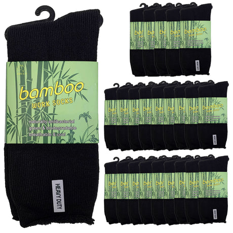 24 Pairs Premium Bamboo Works Socks Bulk Pack - Black (Mens Heavy Duty Thick Socks w/ Cushion & Anti-Odour)