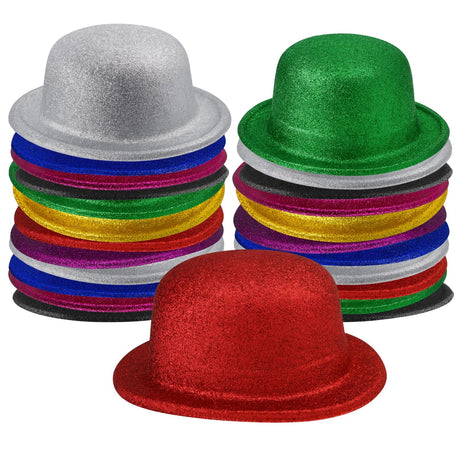 24x Assorted Colours Glitter Bowler Hat Bulk Pack - Sparkly Costume Hats for Dance/Fancy Dress Party