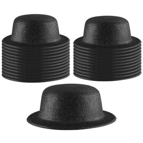 24x Black Glitter Bowler Hat Bulk Pack - Sparkly Costume Hats for Dance/Fancy Dress Party