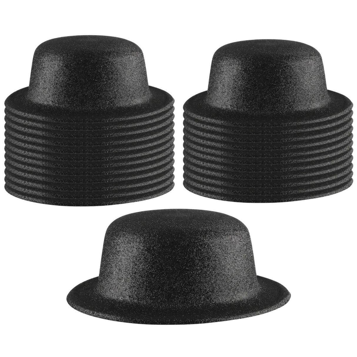 24x Black Glitter Bowler Hat Bulk Pack - Sparkly Costume Hats for Dance/Fancy Dress Party