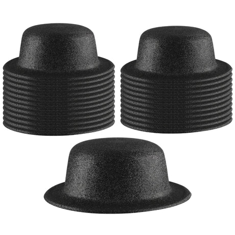 24x Black Glitter Bowler Hat Bulk Pack - Sparkly Costume Hats for Dance/Fancy Dress Party