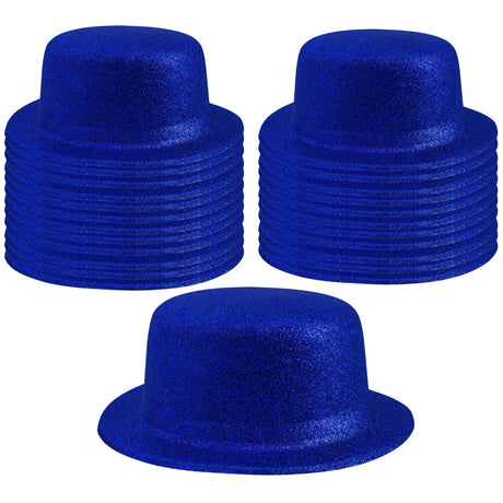 24x Blue Glitter Bowler Hat Bulk Pack - Sparkly Costume Hats for Dance/Fancy Dress Party