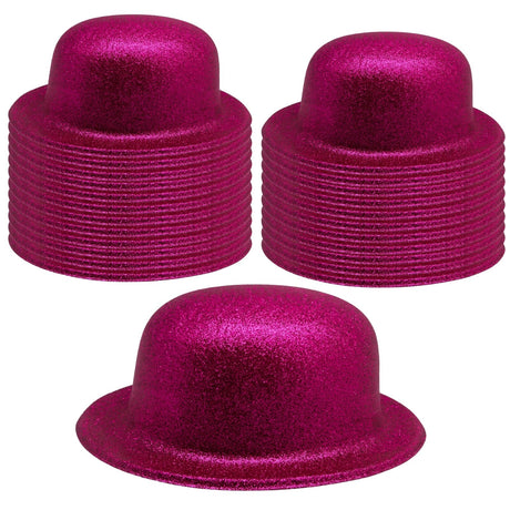24x Hot Pink Glitter Bowler Hat Bulk Pack - Sparkly Costume Hats for Dance/Fancy Dress Party