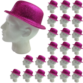 24x Hot Pink Glitter Bowler Hat Bulk - Sparkly Costume Hats for Dance/Fancy Dress Party