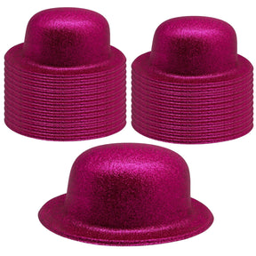 24x Hot Pink Glitter Bowler Hat Bulk Pack - Sparkly Costume Hats for Dance/Fancy Dress Party