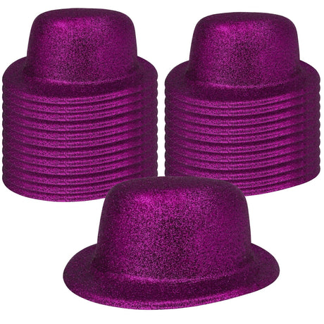 24x Purple Glitter Bowler Hat Bulk Pack - Sparkly Costume Hats for Dance/Fancy Dress Party