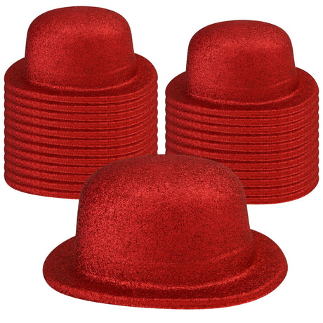 24x Red Glitter Bowler Hat Bulk Pack - Sparkly Costume Hats for Dance/Fancy Dress Party