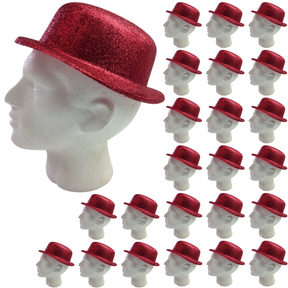 24x Red Glitter Bowler Hat Bulk - Sparkly Costume Hats for Dance/Fancy Dress Party