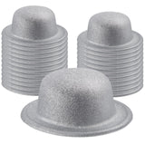 24x White/Silver Glitter Bowler Hat Bulk Pack - Sparkly Costume Hats for Dance/Fancy Dress Party