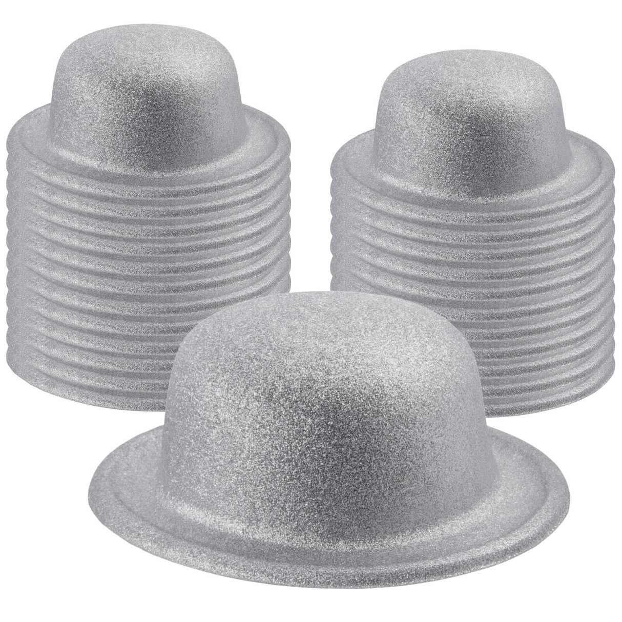 24x White/Silver Glitter Bowler Hat Bulk Pack - Sparkly Costume Hats for Dance/Fancy Dress Party