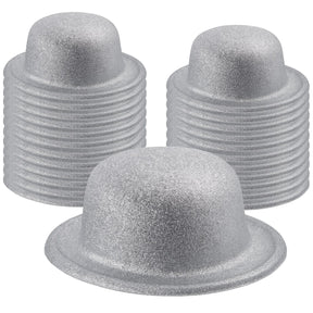 24x White/Silver Glitter Bowler Hat Bulk Pack - Sparkly Costume Hats for Dance/Fancy Dress Party