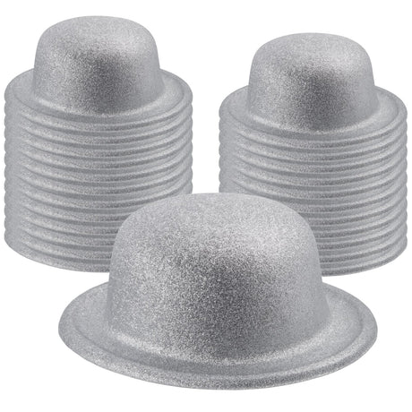 24x White/Silver Glitter Bowler Hat Bulk Pack - Sparkly Costume Hats for Dance/Fancy Dress Party