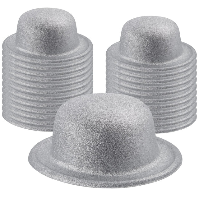 24x White/Silver Glitter Bowler Hat Bulk Pack - Sparkly Costume Hats for Dance/Fancy Dress Party