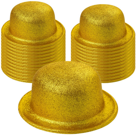 24x Yellow/Gold Glitter Bowler Hat Bulk Pack - Sparkly Costume Hats for Dance/Fancy Dress Party