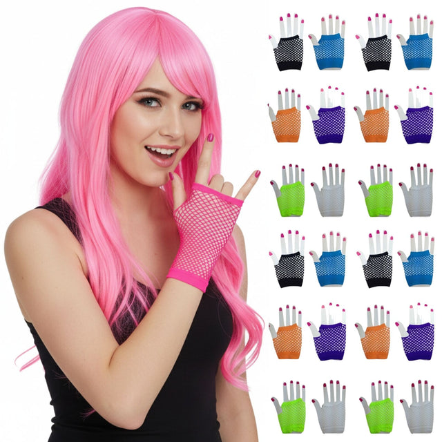 24 Pairs Assorted Fishnet Gloves Bulk Pack - Fingerless Wrist Length (70s & 80s Costume/Party)