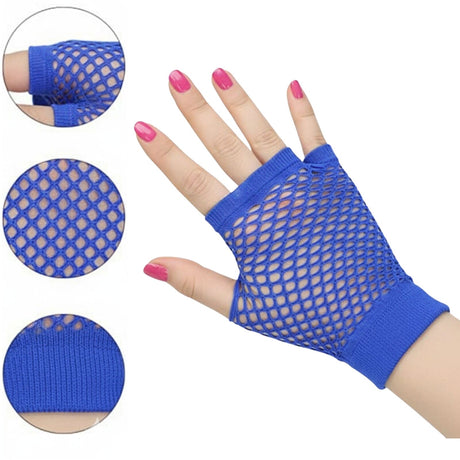 24 Pairs Blue Fishnet Gloves Bulk - Fingerless Wrist Length (70s & 80s Costume/Party)