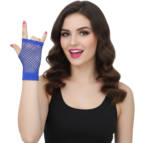 24 Pairs Blue Fishnet Gloves Bulk - Fingerless Wrist Length (70s & 80s Costume/Party)