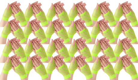 24 Pair Fishnet Gloves Fingerless Wrist Length 70s80s Costume Party Fluro Yellow