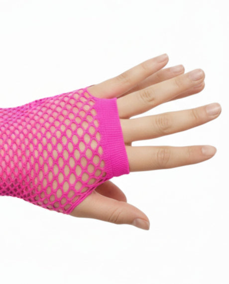 24 Pairs Hot Pink Fishnet Gloves Bulk - Fingerless Wrist Length (70s & 80s Costume/Party)