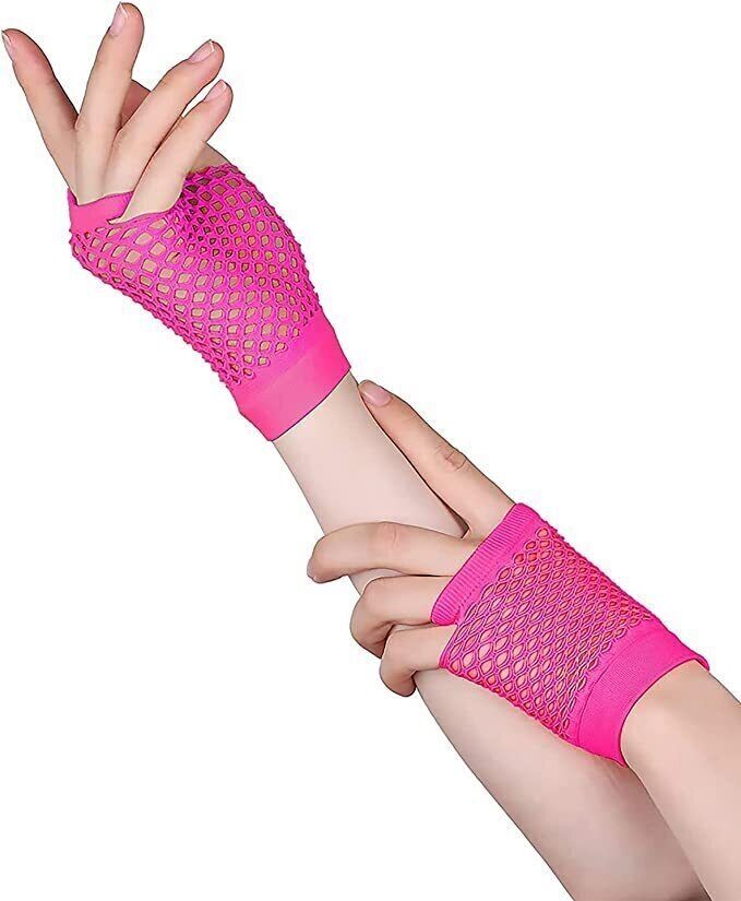 24 Pairs Hot Pink Fishnet Gloves Bulk Pack - Fingerless Wrist Length (70s & 80s Costume/Party)