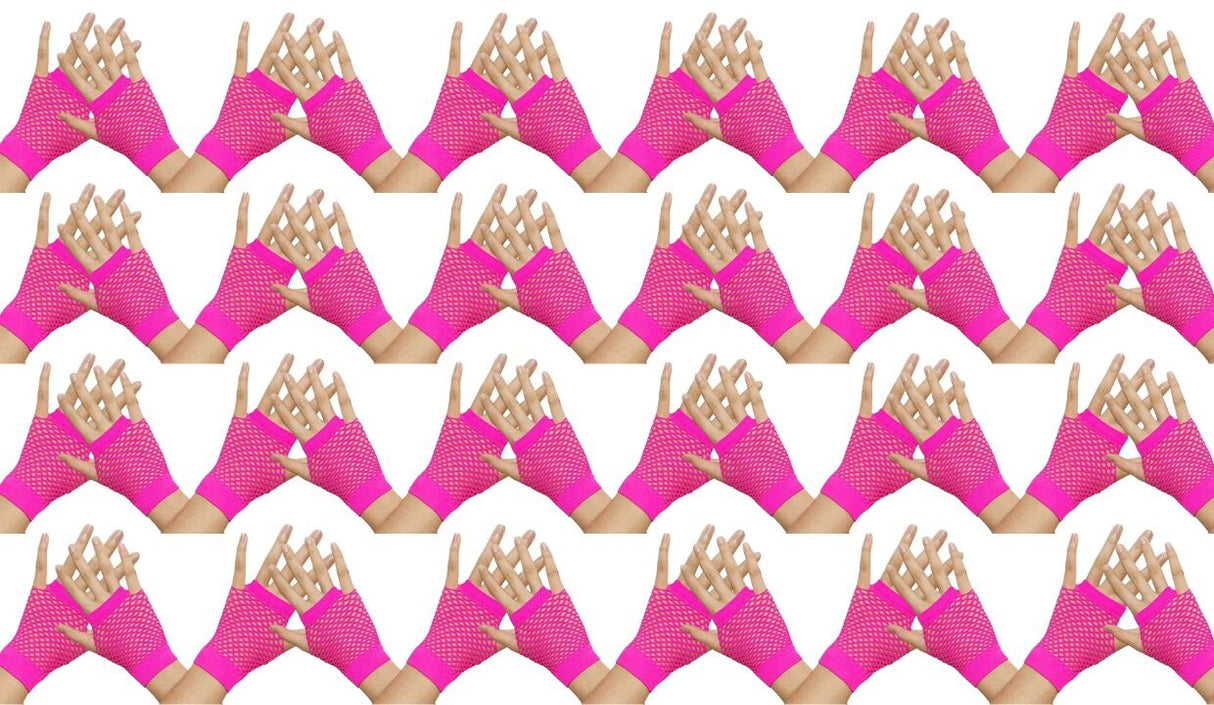 24 Pairs Hot Pink Fishnet Gloves Bulk Pack - Fingerless Wrist Length (70s & 80s Costume/Party)