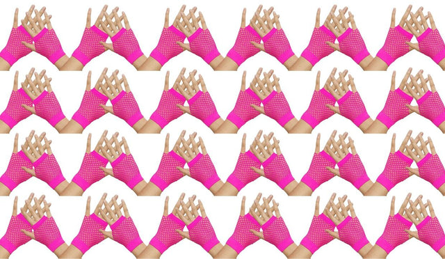 24 Pairs Hot Pink Fishnet Gloves Bulk Pack - Fingerless Wrist Length (70s & 80s Costume/Party)