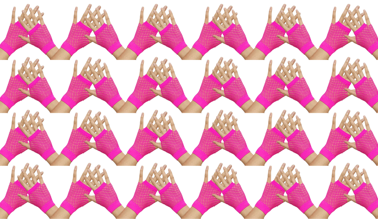 24 Pairs Hot Pink Fishnet Gloves Bulk Pack - Fingerless Wrist Length (70s & 80s Costume/Party)